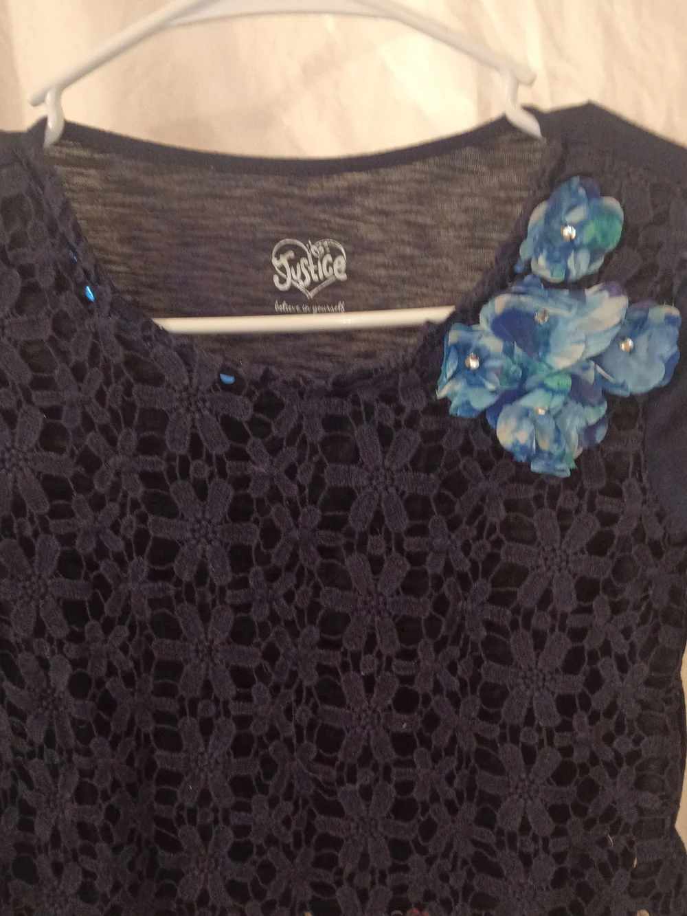 Justice Navy Long Sleeve Crochet Top with Blue Floral Applique